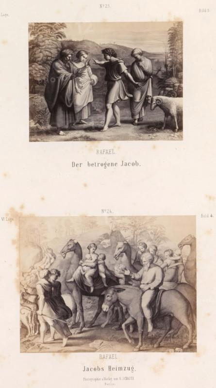 Photo reproductions of prints after frescoes depicting Jacob by Raphael for the loggias in the Vatican, Raphael. Der betrogene Jacob. Jacobs Heimzug, photograph, reproduction, page, number: 'No 23. No 24. Bild 3. Bild 4. VI. Loge.', photographer: Gustav Schauer, Berlin, after print by anonymous, after painting by Raphael, c. 1851 - in or before 1861, after print by, paper, albumen print, albumendruk, height 325 mm x width 250 mm, story of Jacob, A vertically oriented print with two framed classical-style scenes stacked one above the other, each depicting groups of robed figures and animals in outdoor landscapes; the upper scene shows four robed people standing on a grassy foreground with a ram nearby, trees and hills behind them, two central figures facing each other with one extending an arm, while two others stand close by in varied poses; the lower scene shows a larger procession of people and animals, including camels and a donkey, with seated women holding infants on camel backs, ...