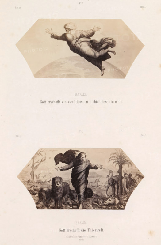 Photo reproductions of prints after frescoes depicting God by Raphael for the loggias in the Vatican, Raphael, Gott erschafft die zwei grossen Lichter des Himmels. Gott erschafft die Thierwelt, photograph, reproduction, page, number: 'Bild 3. Bild 4. I. Loge', photographer: Gustav Schauer, Berlin, after print by anonymous, c. 1851 - in or before 1861, after print by, paper, albumen print, albumendruk, height 254 mm x width 190 mm, creation of sun, moon and stars, creation of the animals, Genesis, A vertically oriented page with two horizontal hexagonal vignettes separated by blank space; the upper vignette shows an older bearded man with flowing hair and robes floating sideways above a curved landform with arms outstretched and toes pointed, rendered in muted sepia tones, while the lower vignette depicts a robed figure standing among a variety of animals including a prominent lion in the foreground, elephants, a horse, and other creatures clustered around trees and groundcover, all ren...
