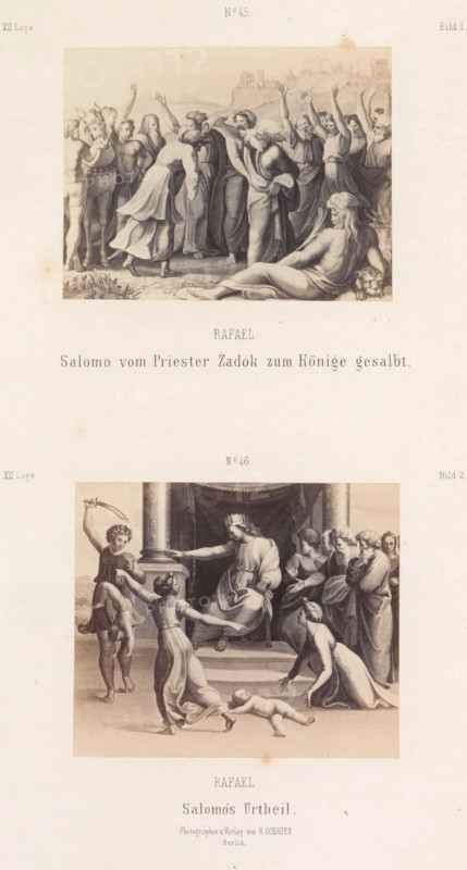 Photo reproductions of prints after frescoes depicting Zadok anointing Solomon as king and Solomon's Judgment by Raphael for the loggias in the Vatican, Raphael. Salomo vom Priester Zadok zum Köninge gesalbt. Salomo's Urtheil, photograph, reproduction, page, number: 'No 45. No 46. Bild 1. Bild 2. XII. Loge.', photographer: Gustav Schauer, Berlin, after print by anonymous, after painting by Raphael, c. 1851 - in or before 1861, Rafaël, after print by, paper, albumen print, albumendruk, height 325 mm x width 250 mm, the judgment of Solomon (1 Kings 3:16-28), Solomon anointed king by Zadok, all the people rejoice and blow their trumpets, A vertically oriented image shows two framed classical-style scenes stacked with a wide blank margin between them, each scene rendered in sepia tones. The upper scene features a group of robed figures gathered outdoors on uneven ground with distant hills and structures on the horizon; several standing figures have raised arms, one central figure leans for...
