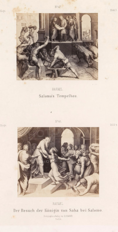 Photo reproductions of prints after frescoes depicting the construction of Solomon's Temple and the Queen of Sheba visiting Solomon by Raphael for the loggias in the Vatican, Raphael. Solomon's Temple Construction. The Visit of the Queen of Sheba to Solomon, photograph, reproduction, page, number: 'No 47. No 48. Picture 3. Picture 4. XII. Loge.', photographer: Gustav Schauer, Berlin, after print by anonymous, after painting by Raphael, c. 1851 - in or before 1861, after print by, paper, albumen print, height 325 mm x width 250 mm, Solomon and the queen of Sheba (1 Kings 10:1-3, 2 Chronicles 9:1-9), Solomon builds a temple for pagan gods, The image shows two rectangular engravings arranged vertically on a pale sheet. The top engraving depicts a group of men engaged in construction work in front of a columned building, with several muscular, partially clothed workers using tools around stone blocks while robed figures stand on a raised platform, one wearing a crown and receiving a rolled...