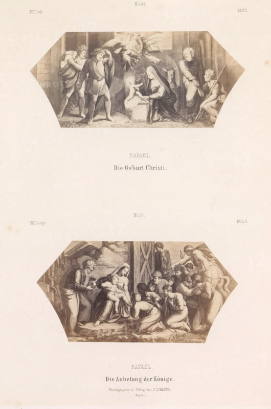 Photo reproductions of prints after frescoes depicting the Nativity of Christ and the Adoration of the Magi by Raphael for the loggias in the Vatican, Raphael. Die Geburt Christi. Die Anbetung der Könige, photograph, reproduction, page, number: 'No 49. No 50. Bild 1. Bild 2. XIII. Loge.', photographer: Gustav Schauer, Berlin, after print by anonymous, after painting by Raphael, c. 1851 - in or before 1861, after print by, paper, albumen print, height 325 mm x width 250 mm, adoration of the Christ-child, Christ's birth, story of the birth of Christ (Luke 2:1-20), A faded sheet showing two horizontal hexagonal illustrations, one near the top and one near the middle, each depicting a group scene in a classical style. The upper illustration shows a central seated woman in draped clothing holding an infant, surrounded by standing and kneeling figures, with a hovering angelic or winged figure above and architectural elements at the sides. The lower illustration shows a seated woman holding a...