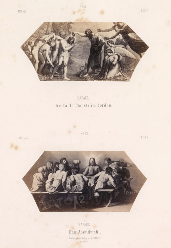 Photo reproductions of prints after frescoes depicting the Baptism of Christ and the Last Supper by Raphael for the loggias in the Vatican, Raphael. Die Taufe Christi im Jordan. Das Abendmahl, photograph, reproduction, page, number: 'No 51. No 52. Bild 3. Bild 4. XIII. Loge.', photographer: Gustav Schauer, Berlin, after print by anonymous, after painting by Raphael, c. 1851 - in or before 1861, Rafaël, after print by, paper, albumen print, height 325 mm x width 250 mm, baptism of Christ in the river Jordan: John the Baptist pouring out water on Christ's head: the Holy Ghost descends, Last Supper (in general) (Matthew 26:21-35, Mark 14:18-31, Luke 22:3, 22:15-23, John 13:21-38), An off-white sheet showing two sepia-toned hexagonal illustrations aligned vertically, the upper depicting a group of robed and partially draped figures beside a river with one central standing figure pouring water over another who is bowed, and attendants or angels nearby, the lower depicting a long table scene...