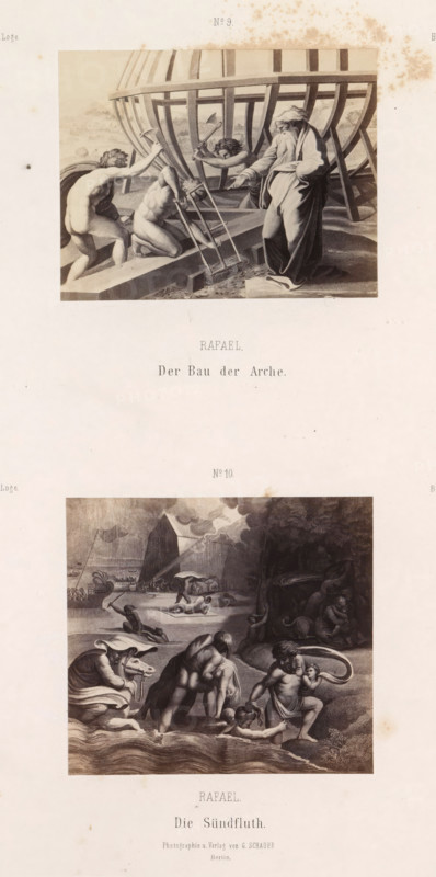 Photo reproductions of prints after frescoes depicting the construction of Noah's Ark and the Flood by Raphael for the loggias in the Vatican, Raphael Der Bau der Arche. Die Sündfluth, photograph, reproduction, page, number: 'No 9. No 10. Bild 1. Bild 2. III. Loge.', photographer: Gustav Schauer, Berlin, after print by anonymous, after painting by Raphael, publisher: Gustav Schauer, c. 1851 - in or before 1861, Gustav Schauer, Rafaël, photographer, after print by, after painting by, publisher, paper, albumen print, height 325 mm x width 250 mm, the Flood and destruction of mankind, story of Noah (Genesis 7:10 - 8:17), Noah building the ark, A vertical page showing two rectangular grayscale prints stacked with a wide blank margin between them, the upper print depicting several partially clothed figures working on a large wooden ribbed structure with tools while an older bearded figure in draped clothing stands nearby, and the lower print showing figures carrying and assisting others nea...