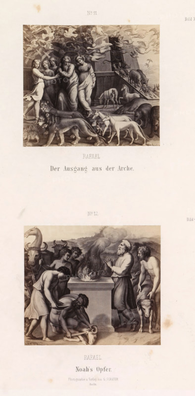 Photo reproductions of prints after frescoes depicting Noah's Ark and the Sacrifice of Noah by Raphael for the loggias in the Vatican, Raphael Der Ausgang aus der Arche. Noah's Opfer, photograph, reproduction, page, number: 'No 11. No 12. Bild 3. Bild 4. III. Loge.', photographer: Gustav Schauer, Berlin, after print by anonymous, after painting by Raphael, c. 1851 - in or before 1861, Rafaël, after print by, paper, albumen print, albumendruk, height 325 mm x width 250 mm, Noah's sacrifice, various animals are offered, possibly a lamb, a dove and a ram (often combined with the rainbow of the covenant), Noah, his family and the animals leave the ark (sometimes combined with the rainbow of the covenant). covenant), A single sheet with two grayscale rectangular illustrations stacked vertically, each bordered by wide white margins and accompanied by short printed captions beneath. The top illustration shows a group of humans standing near a large wooden ark while numerous birds fly overhead...