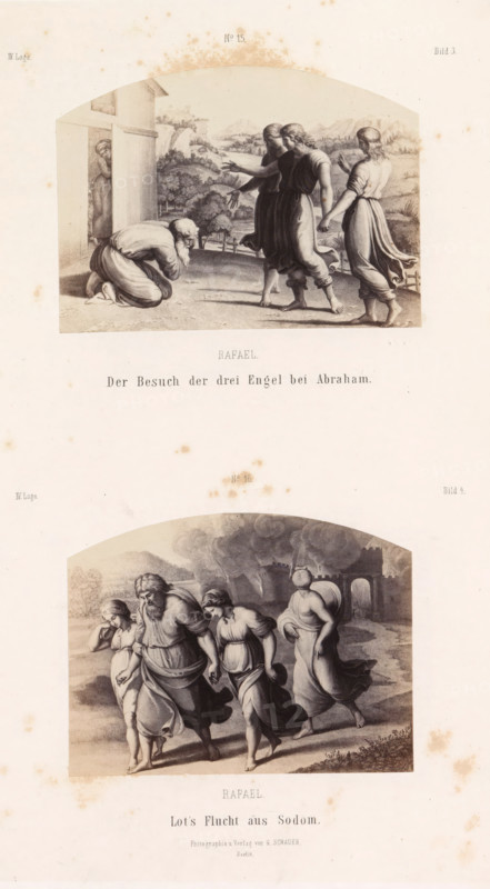 Rafael The Visit of the Three Angels to Abraham. Lot's Flight from Sodom, Photoreproductions of prints after frescoes depicting the visit of angels to Abraham and Lot's flight from Sodom by Raphael for the loggias in the Vatican, photograph, reproduction, page, number: 'No 15. No 16. Bild 3. Bild 4. IV. Loge.', photographer: Gustav Schauer, Berlin, after print by anonymous, after painting by Raphael, c. 1851 - in or before 1861, Rafaël, after print by, paper, albumen print, albumendruk, height 325 mm x width 250 mm, Abraham kneels before the angels, Lot's wife looks back at the city and is transformed into a pillar of salt, Lot, seeing the destruction of the cities and fearing for his safety in Zoar, flees with his daughters to a cave in the mountains, A tall rectangular sheet shows two separate classical-style scenes framed by arched tops, each depicting groups of robed figures in outdoor settings; the upper scene has three standing figures in flowing garments facing and gesturing tow...