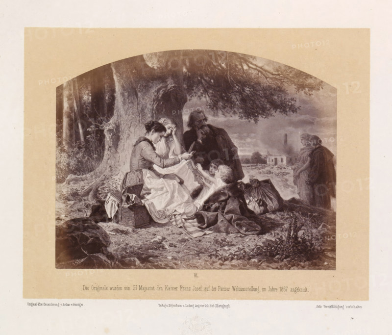 Photo reproduction of a drawing of a group with belongings and food under a tree in front of a destroyed house, it depicts famine, Die Hungersnoth, photograph, reproduction, page, inscription: 'Die Originale wurden von Sr Majestat den Kaiser Franz Josef auf der Pariser Weltausstellung im Jahre 1867 angekauft.', number: 'VI.', photographer: Ludwig Angerer, Vienna, after drawing by Artur Grottger, c. 1867 - in or before 1868, Lower Austria, paper, albumen print, albumendruk, height 115 mm x width 147 mm, starvation, famine, A sepia-toned framed print shows a group of people gathered under a large tree with sprawling branches and textured bark; in the foreground a seated woman in a dress leans forward holding an object while another woman beside her covers her face, and two small children reach toward them; a bearded man stands nearby with a contemplative posture, and two other standing figures are visible farther back near a low building and a tall chimney in a distant landscape; various...
