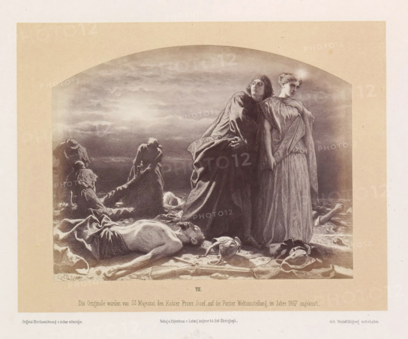 Menschen oder Schakale?, Photo reproduction of a drawing of probably an angel and a man who watches the actions of other people on a battlefield, photograph, reproduction, page, inscription: 'Die Originale wurden von Sr Majestat den Kaiser Franz Josef auf der Pariser Weltausstellung im Jahre 1867 angekauft.', number: 'VIII.', photographer: Ludwig Angerer, Vienna, after drawing by Artur Grottger, c. 1867 - in or before 1868, Lower Austria, paper, albumen print, albumendruk, height 115 mm x width 148 mm, after the battle, A sepia-toned print framed by a beige border shows a dramatic scene on a shoreline with a cloudy sky. Two standing figures in draped garments occupy the center right, one looking outward with a hand near the other’s shoulder while the other gazes to the side. Around them on the sand lie several bodies in various poses, some partially covered, one foreground figure shown lying on his back with an arm extended. Scattered near the foreground are objects including a helmet ...