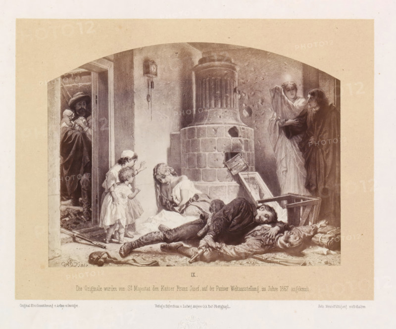 Photo reproduction of a drawing of an interior with dying people and hungry children, Nichts als Elend!, photograph, reproduction, page, inscription: 'Die Originale wurden von Sr Majestat den Kaiser Franz Josef auf der Pariser Weltausstellung im Jahre 1867 angekauft.', number: 'IX.', photographer: Ludwig Angerer, Vienna, after drawing by Artur Grottger, c. 1867 - in or before 1868, Lower Austria, paper, albumen print, height 114 mm x width 149 mm, Misery, 'Miseria mondana' (Ripa), A sepia-toned scene framed by a pale border shows an interior with a tiled stove at center rear, a broken chair and scattered belongings near it, and several figures arranged around the stove and foreground; two figures lie on the floor in the foreground with clothing that appears disheveled and items near their hands, a young woman with long hair kneels beside them looking downward while two small children stand nearby reaching toward her, a bearded man in a doorway on the left holds a bundle and peers into ...