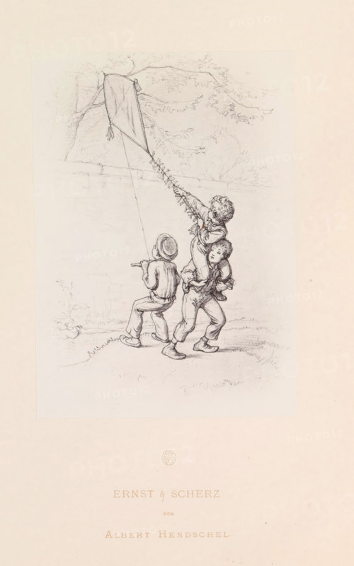 Photo reproduction of a drawing of three children trying to retrieve a kite from a tree, Ernst & Scherz, reproduction, page, photomechanical print, initials: '...', photographer: Theodor Huth, Frankfurt am Main, after drawing by Albert Hendschel, maker: Ferdinand August Christian Prestel, c. 1869 - in or before 1879, Hessen, paper, Woodburytype, Woodburytypie, height 188 mm x width 134 mm, (flying a) kite, child, A pencil sketch shows three boys outdoors with a kite; one boy faces away holding the kite string and a short stick, another stands with bent knees carrying a smaller boy on his shoulders who reaches upward toward the kite, and the boy on top grasps the kite string and looks upward; a large diamond-shaped kite with a tail of small bows is drawn above them against a faint background of trees and a low wall, and the ground beneath the boys shows grass and light shading.
