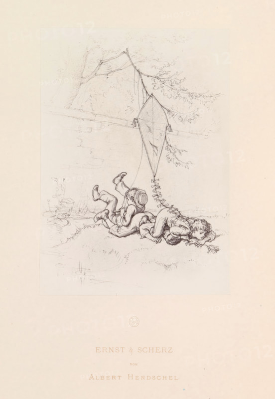 Photo reproduction of a drawing of three children who have fallen while trying to retrieve a kite from a tree, Ernst & Scherz, reproduction, page, photomechanical print, initials: '...', photographer: Theodor Huth, Frankfurt am Main, after drawing by Albert Hendschel, maker: Ferdinand August Christian Prestel, c. 1869 - in or before 1879, Hessen, paper, Woodburytype, Woodburytypie, height 190 mm x width 135 mm, (flying a) kite, child, falling, A pencil sketch shows two children lying on the grass beneath a tree branch, with one child on their back wearing a hat and boots and the other face down with an upturned head and curly hair; a diamond-shaped kite with a long tail is caught on the branch above them, its string trailing down toward the children, and faint outlines of a wall, foliage, and a small pool of water appear in the background.