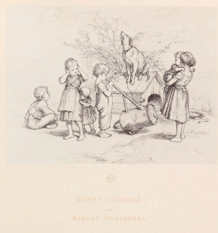 Photo reproduction of a children's drawing in front of a doghouse with a barking dog, Ernst & Scherz, reproduction, page, photomechanical print, initials: '...', photographer: Theodor Huth, Frankfurt am Main, after drawing by Albert Hendschel, maker: Ferdinand August Christian Prestel, c. 1869 - in or before 1879, Theodor Huth, Albert Hendschel, Ferdinand August Christian Prestel, photographer, after drawing by, Hessen, paper, Woodburytype, height 135 mm x width 181 mm, dog, child, A pencil sketch showing a group of children gathered around a dog perched on a raised wooden structure beside a small doghouse, with leafy branches in the background; the children display various postures including one seated on the ground looking up, one standing with hands over ears, a small child leaning against another, a child blowing through a long tube connected to a tipped metal pail, and a girl holding a younger child while facing the dog; scattered objects on the ground include the tipped pail and ...