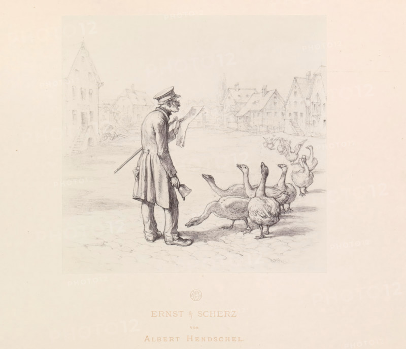 Photo reproduction of a drawing of a man with a newspaper and a bell and a flock of geese in front of him, Ernst & Scherz, reproduction, page, photomechanical print, initials: '...', photographer: Theodor Huth, Frankfurt am Main, after drawing by Albert Hendschel, maker: Ferdinand August Christian Prestel, c. 1869 - in or before 1879, Hessen, paper, Woodburytype, Woodburytypie, height 165 mm x width 170 mm, adult man, water-birds: goose, bell, acoustic signalling, A pencil sketch shows a man standing in profile holding a sheet of paper and a hat, dressed in a long coat and wearing a cap, with a stick resting against his back; he faces a group of geese that are gathered on a cobbled ground, some with necks extended upward and others pecking or standing with rounded bodies; faint outlines of buildings with pitched roofs and chimneys form a distant village backdrop, and there is a light border around the central drawing.
