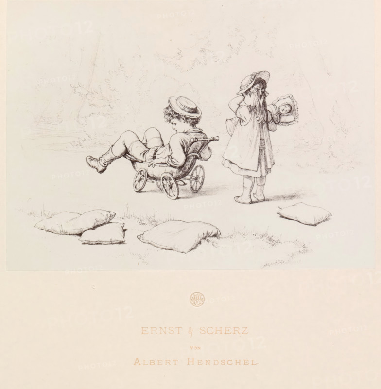 Photo reproduction of a drawing of a boy sitting in a doll's pram with a crying girl behind him holding a doll, Ernst & Scherz, reproduction, page, photomechanical print, initials: '...', photographer: Theodor Huth, Frankfurt am Main, after drawing by Albert Hendschel, maker: Ferdinand August Christian Prestel, c. 1869 - in or before 1879, Theodor Huth, Albert Hendschel, Ferdinand August Christian Prestel, photographer, after drawing by, Hessen, paper, Woodburytype, Woodburytypie, height 137 mm x width 189 mm, child, (playing with) dolls, A delicate pen drawing shows two children in a grassy outdoor setting; one child sits reclining in a small four-wheeled carriage with legs extended and a round hat, the other child stands nearby wearing a dress and bonnet, holding a small doll with a frilled bonnet in one arm and touching their own hat with the other hand; several soft pillows lie on the ground in the foreground and faint outlines of trees and foliage form a light background.