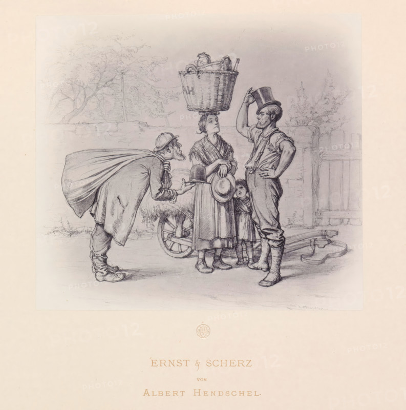 Photo reproduction of a drawing of two people offering merchandise to a man with a top hat, Ernst & Scherz, reproduction, page, photomechanical print, initials: '...', photographer: Theodor Huth, Frankfurt am Main, after drawing by Albert Hendschel, maker: Ferdinand August Christian Prestel, c. 1869 - in or before 1879, Hessen, paper, Woodburytype, Woodburytypie, height 160 mm x width 177 mm, street-trader, head-gear: top hat, A detailed pencil drawing shows a group of people standing in front of a low stone wall and a wooden gate, with faint trees and foliage sketched in the background; a woman stands near the center with a woven basket balanced on her head and a long dress with a shawl, holding a hat at her side, while a man opposite her stands with one hand on his hip and the other tipping a tall hat, wearing rolled-up sleeves, suspenders, trousers, and boots; an older bearded man leans forward from the left, offering a hat with an outstretched hand and carrying a cloak or sack over...