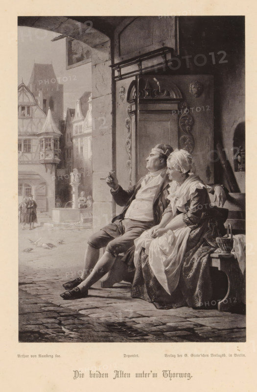 Dieboth Alten unter'm Thorweg, Photoreproduction of a painting depicting Hermann's parents on a bench next to a square, reproduction, page, photomechanical print, cliché maker: Friedrich Bruckmann, after painting by Arthur Georg von Ramberg, c. 1876 - in or before 1881, photographer, paper, collotype, photoprint, height 199 mm x width 139 mm, marriage, married couple, 'matrimonium', bench, A monochrome scene shows a man and a woman seated on a wooden bench under a stone archway beside a carved wooden door. The man leans back with one arm resting on the bench and the other hand holding a small object near his face, dressed in period clothing with a waistcoat and breeches. The woman sits close beside him wearing a headscarf and layered dress with an apron, her hands folded in her lap and a basket at her side. Behind them the doorway features ornate carvings and a decorative panel. Outside the arch a cobbled street opens onto a view of timber-framed buildings with steep roofs and decorati...