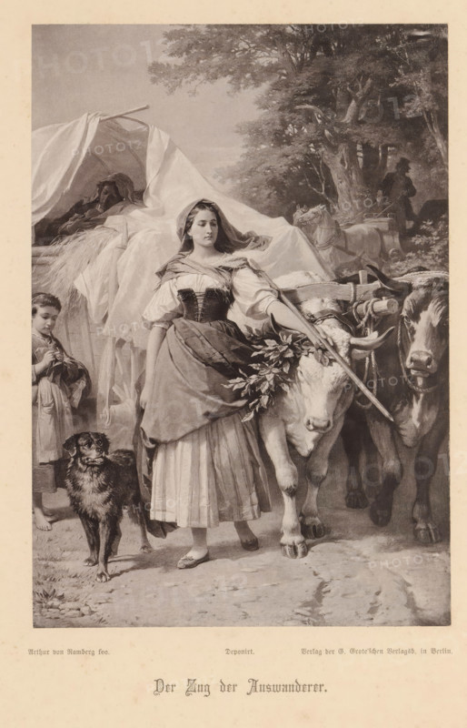Der Zug der Auswanderer, Photo reproduction of a painting depicting Dorothea in the refugee stream, reproduction, page, photomechanical print, cliché maker: Friedrich Bruckmann, after painting by Arthur Georg von Ramberg, c. 1876 - in or before 1881, photographer, paper, collotype, photoprint, height 199 mm x width 139 mm, adult woman, cow, exile (of old government or its adherents), A grayscale scene showing a young woman standing at the center wearing a layered dress with a fitted bodice and a headscarf, one hand resting on an ox’s head and the other holding a stick, beside a covered wagon draped with cloth and straw where a reclining figure is partially visible; to the left a child stands holding something near their chest and a dog stands in front on the ground, while to the right two oxen with yokes and leafy branches in their harnesses fill the foreground and a man with a wagon and horses stands further back near trees.