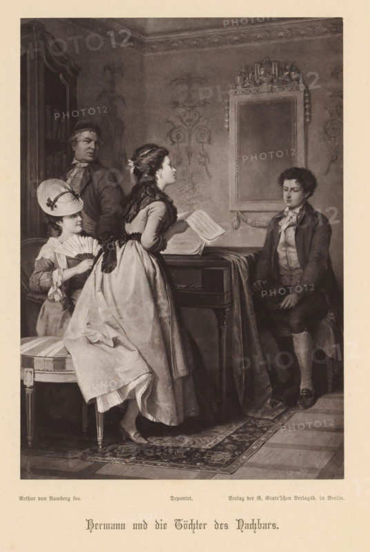 Hermann und die Töchter des Nachbars, Photo reproduction of a painting depicting Hermann and the two daughters of his neighbors, reproduction, page, photomechanical print, cliché maker: Friedrich Bruckmann, after painting by Arthur Georg von Ramberg, c. 1876 - in or before 1881, photographer, paper, collotype, photoprint, height 199 mm x width 139 mm, adolescent, young woman, maiden, youth, interior, representation of a building, A grayscale scene shows four people in a room with ornate wall decoration and a large framed mirror. A young woman in a full dress stands at a table holding an open book or sheet music, her hair tied with a ribbon and a dark sash at her waist. Another young woman sits nearby wearing a hat and holding a folded fan, her dress featuring lace at the sleeves. A seated young man in period clothing sits beside the table with his hands resting in his lap and a coat over his shoulders. An older man stands behind them near a bookcase, looking toward the group. The table...