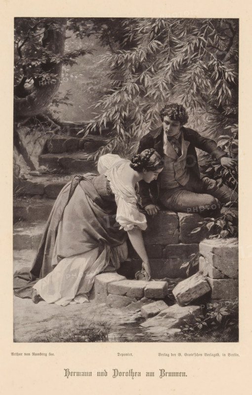 Photo reproduction of a painting depicting Hermann and Dorothea at the well, Hermann und Dorothea aus Brunnen, reproduction, page, photomechanical print, cliché maker: Friedrich Bruckmann, after painting by Arthur Georg von Ramberg, c. 1876 - in or before 1881, photographer, paper, collotype, photoprint, height 199 mm x width 139 mm, adolescent, young woman, maiden, youth, well, A monochrome illustration shows a young woman leaning over a low stone wall, her dress cascading in soft folds and her hair styled in a braided updo, one hand reaching down toward the water below while the other rests on the wall; beside her a young man sits on the wall, dressed in a jacket and waistcoat, leaning slightly toward her with one arm extended to the side and his gaze directed downward. They are surrounded by foliage, with overhanging leafy branches and tree trunks framing a shaded stone stairway in the background; broken stones and scattered rocks lie near the water's edge, and a small pool of water...