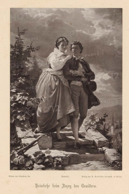 Photo reproduction of a painting depicting Hermann and Dorothea returning home, Heimkehr beim Anzug des Gewitters, reproduction, page, photomechanical print, cliché maker: Friedrich Bruckmann, after painting by Arthur Georg von Ramberg, c. 1876 - in or before 1881, photographer, paper, collotype, photoprint, height 199 mm x width 139 mm, adolescent, young woman, maiden, youth, A grayscale illustration shows a young woman and a young man standing on a rocky ledge with foliage around them and a distant town below; the woman wears a full skirt, a blouse with a tied shawl at her shoulders, and her hair in braids, and she has one arm resting on the young man's shoulder; the young man wears a jacket, neck scarf, breeches, and holds a wide-brimmed hat at his side while looking forward; the ledge is made of rough stone steps with leaves and branches at the edges; tall leafy plants rise behind them and a church steeple and rooftops are visible in the distant lower right; the sky above is filled...