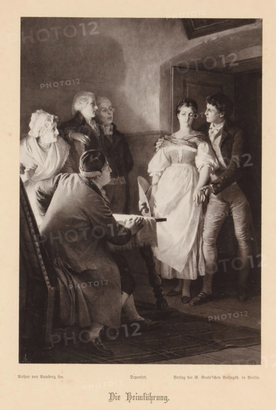 Heimkehr beim Anzug des Gewitters, Photo reproduction of a painting depicting Hermann and Dorothea entering Hermann's parents, reproduction, page, photomechanical print, cliché maker: Friedrich Bruckmann, after painting by Arthur Georg von Ramberg, c. 1876 - in or before 1881, Friedrich Bruckmann, Arthur Georg von Ramberg, photographer, cliché maker, after painting by, paper, collotype, photoprint, height 199 mm x width 139 mm, adolescent, young woman, maiden, youth, interior, representation of a building, parents (first degree family relationships), A group of people stand and sit in a dimly lit interior with paneled walls and a doorway. A young woman wearing a light dress with puffed sleeves stands near the doorway with her eyes closed as a man in a dark jacket stands beside her with one hand on her shoulder and the other near her wrist. In front of them a seated man in a coat leans on a table covered with a cloth, facing the woman, with a feathered quill and an inkpot on the table. ...