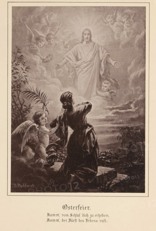 Easter celebration, Photographic reproduction of a painting of a woman seen from the back before an apparition of Christ in heaven, reproduction, page, photomechanical print, inscription: 'Come, from the Sheep to raise yourself, come, the Prince of Life calls.', after painting by Bernhard Plockhorst, c. 1874 - in or before 1884, paper, collotype, photogravure, height 198 mm x width 143 mm, Print for page 21., Christ, A grayscale illustration of a robed figure with long hair and arms outstretched, surrounded by radiating light and clouds, with several cherubic figures and winged heads appearing in the surrounding sky; below, a kneeling person seen from behind raises an arm toward the robed figure while a small winged child beside them touches the kneeling person's shoulder and holds a long palm frond, with foliage and rocky ground visible in the lower foreground and a distant landscape of clouds and silhouetted vegetation at the horizon.