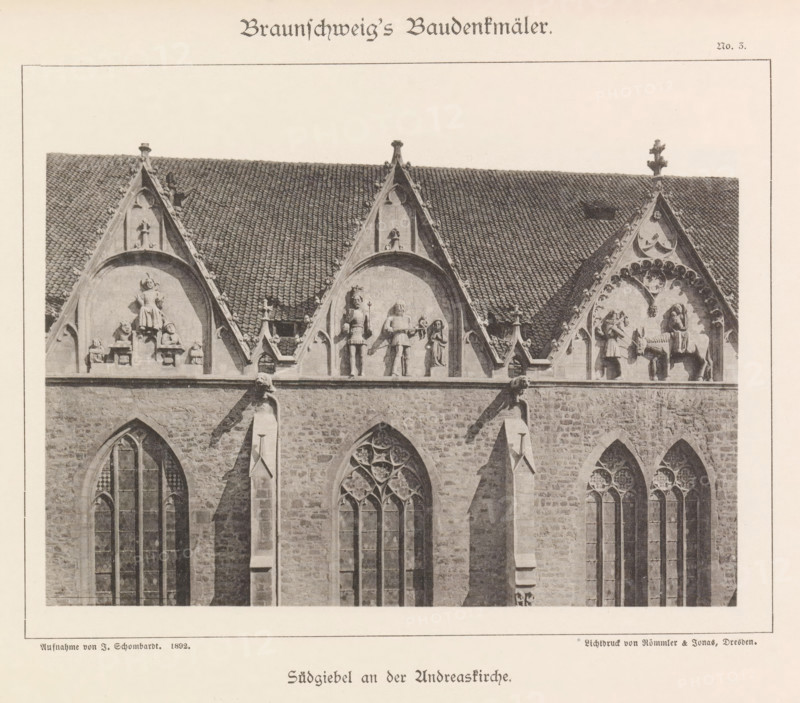 Part of the southern facade of St. Andrew's Church in Braunschweig, Südgiebel an der Andreaskirche, Braunschweig's Baudenkmäler, page, photomechanical print, number: 'No. 3.', photographer: J. Schombardt, Braunschweig, cliché maker: Römmler & Jonas, Dresden, publisher: Benno und Wilhelm Danert Goeritz, 1892, Lower Saxony, Saxony, paper, collotype, photoprint, height 116 mm x width 153 mm, church (exterior), facade (of house or building), St. Andrew's Church (Braunschweig), A sepia-toned photograph of an ornate stone building facade showing a tiled steep roof with three decorative gables, each containing sculpted reliefs and figures; the central gable shows two standing figures and smaller carved elements, the left gable contains seated and standing figures in a recessed arch, and the right gable features a scene with a mounted figure and attendants under a decorative pointed arch; below the gables a stone wall with tall pointed arched windows and slender buttresses is visible, with car...