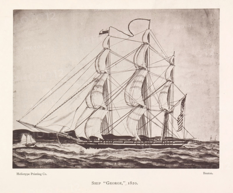 Ship 'George, ' 1820, Photo reproduction of a drawing of the ship George, reproduction, page, photomechanical print, maker: Heliotype Printing Company, Boston (Massachusetts), after drawing by anonymous, c. 1869 - in or before 1879, photographer, North America, Massachusetts, paper, photoaquatint, height 118 mm x width 152 mm, ships (in general), merchant shipping, shipping trade, A detailed black and white drawing of a large sailing ship on choppy water showing multiple tall masts with furled and billowing sails and a complex network of rigging lines, with a smaller sailboat visible near the left side, waves beneath the hull, and a vertical striped flag near the stern.