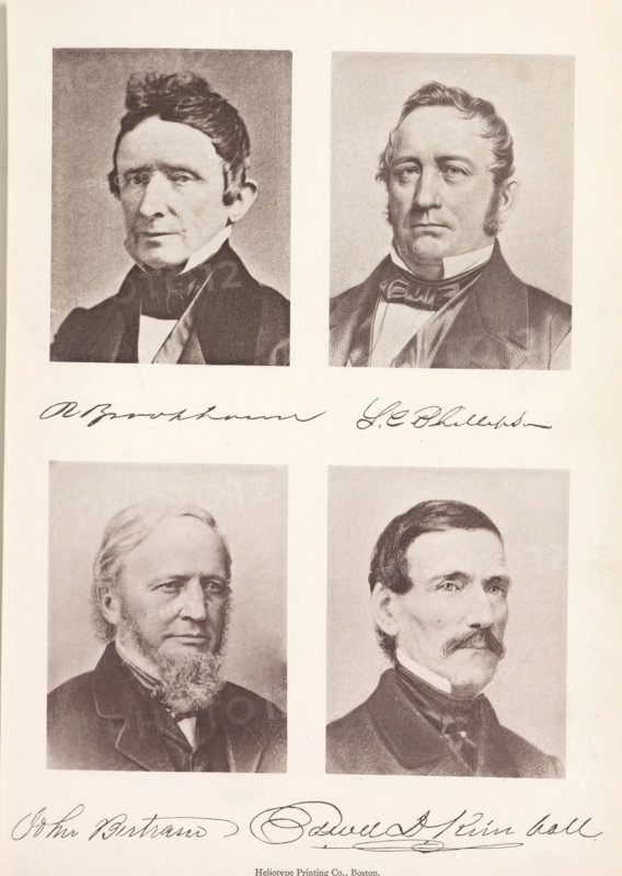 R Brookhouse SC Phillips John Bertram Edward D. Kimball, Photo reproductions of a portrait of Robert Brookhouse, Stephen Clarendon Phillips, Edward D. Kimball and John Bertram, reproduction, page, photomechanical print, maker: Heliotype Printing Company, Boston (Massachusetts), after print by anonymous, after sculpture by anonymous, c. 1869 - in or before 1879, photographer, after print by, after sculpture by, North America, Massachusetts, paper, photoaquatint, height 241 mm x width 165 mm, Prints opposite page 182., Person, Edward D. Kimball, Robert Brookhouse, John Bertram, merchant, salesman, A vertical sheet shows four sepia portrait prints arranged in a two-by-two grid on a light background, each portrait framed by a rectangular border. The top left portrait depicts a man with dark hair swept back and sideburns, wearing a dark coat and high-collared shirt with a visible dark cravat. The top right portrait shows a man with wavy hair and prominent sideburns, dressed in a dark coat, ...