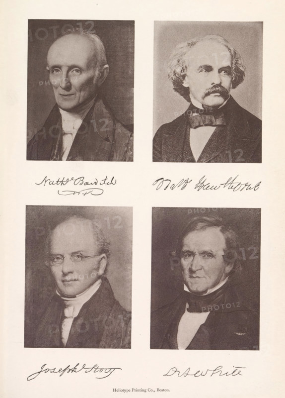 Photo reproductions of portraits of Nathaniel Bowditch, Nathaniel Hawthorne, Joseph Story and Daniel A. White, Nath Bowditch Nath Hawthorne Joseph Story DA White, reproduction, page, photomechanical print, maker: Heliotype Printing Company, Boston (Massachusetts), after painting by Charles S. Osgood, after sculpture by anonymous, after print by anonymous, c. 1869 - in or before 1879, photographer, after sculpture by, after print by, North America, Massachusetts, paper, photoaquatint, height 241 mm x width 165 mm, Prints opposite page 240., Person, Nathaniel Bowditch, Joseph Story, Daniel A. White, portrait of a writer, lawyer, attorney at law, The image shows a page with four monochrome portrait prints arranged in a two-by-two grid, each portrait depicting a different middle-aged or older man shown from the chest up, wearing dark formal coats and high collars; the top left portrait features a man with a receding hairline and thin lips looking slightly forward, the top right portrait sh...