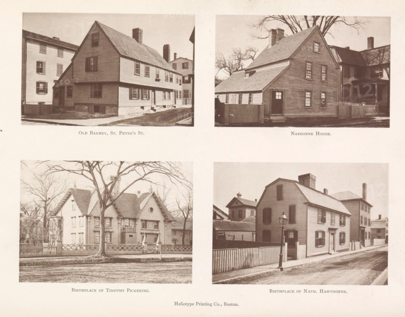 Old Bakery, St. Peter's St. Narbonne House. Birthplace of Timothy Pickering. Birthplace of Nath. Hawthorne, View of four houses in Salem, page, photomechanical print, Salem (Massachusetts), maker: Heliotype Printing Company, Boston (Massachusetts), 1879-04, Heliotype Printing Company, photographer, North America, Massachusetts, paper, photoaquatint, height 165 mm x width 241 mm, Prints opposite page 250., housing, A sepia-toned image showing four photographic views of wooden houses arranged in a two-by-two grid, each house featuring pitched roofs, multiple windows with panes, clapboard siding, chimneys, and surrounding fences; the top-left view shows a two-story house with a steep gabled roof and neighboring buildings, the top-right view shows a smaller gabled house with a fenced yard and leafless tree branches behind it, the bottom-left view shows a larger house with decorative roof elements and a bare tree in front, and the bottom-right view shows a long narrow house along a street w...