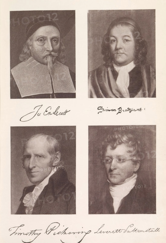 Photo reproductions of a portrait of John Endicott, Simon Bradstreet, Timothy Pickering and Leverett Saltonstall, Jo. Endicott Simon Bradstreet Timothy Pickering Leverett Saltonstall, reproduction, page, photomechanical print, maker: Heliotype Printing Company, Boston (Massachusetts), after print by anonymous, after painting by anonymous, after painting by Charles S. Osgood, c. 1869 - in or before 1879, photographer, after print by, North America, Massachusetts, paper, photoaquatint, height 241 mm x width 165 mm, Prints opposite page 14., Person, Timothy Pickering, John Endecott, Leverett Saltonstall, politician, eg party leader, The image shows a vertical arrangement of four sepia-toned portrait prints in two columns, each portrait framed by a white margin; the top left portrait depicts an older man wearing a dark cap and a broad white collar with long facial hair extending from his chin, the top right portrait shows a man with shoulder-length wavy hair, a white cravat, and a dark rob...
