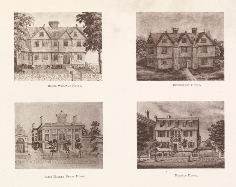 Roger Williams House. Brad Street House. Elias Hasket Derby House. Pickman House., Photo reproductions of four drawings of houses in Salem, reproduction, page, photomechanical print, maker: Heliotype Printing Company, Boston (Massachusetts), after drawing by anonymous, Salem (Massachusetts), c. 1869 - in or before 1879, photographer, North America, Massachusetts, paper, photoaquatint, height 165 mm x width 241 mm, Prints opposite page 30., housing, Four rectangular sepia-toned architectural illustrations arranged in a two-by-two grid occupy a textured cream background, each showing a different multi-story house with surrounding landscaping; the top-left image depicts a timber-framed house with a gabled roof, dormer windows, a central arched doorway reached by steps, stone foundation and trees flanking the building, with a low stone wall in front; the top-right shows a symmetrical house with steep gables, multiple chimneys, bay-like vertical projections beside the central entrance, mull...