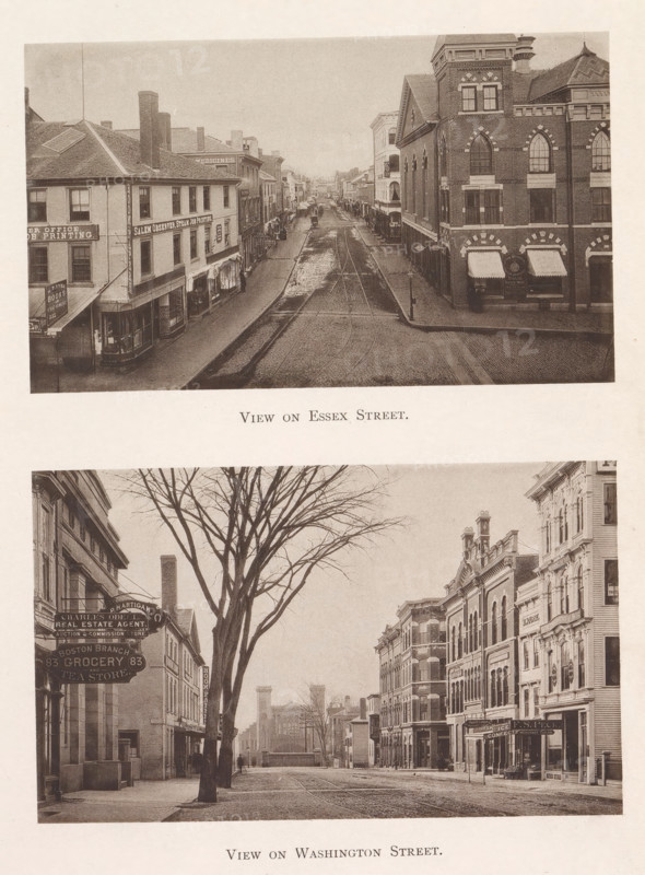 View of Essex Street and Washington Street in Salem, View on Essex Street. View on Washington Street, page, photomechanical print, Salem (Massachusetts), maker: Heliotype Printing Company, Boston (Massachusetts), 1879-04, photographer, North America, Massachusetts, paper, photoaquatint, height 241 mm x width 165 mm, Prints opposite page 46., department store, supermarket, street, housing, A sepia-toned print showing two street views stacked vertically, each framed by buildings and a roadway with visible tram tracks; the upper view features a wide street flanked by multi-story brick and wooden buildings, a larger ornate brick building with arched windows on the right, storefronts with awnings, and a long straight perspective disappearing into the distance; the lower view shows a tree-lined street with bare branches in the foreground, rows of tall commercial buildings with decorative facades and multiple windows on both sides, sidewalk areas, and a cobbled roadway with tracks stretching ...