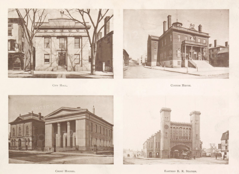 City Hall. Custom House. Court House. Eastern RR Station, View of the city hall, a customs office, the courtroom and a train station in Salem, page, photomechanical print, Salem (Massachusetts), maker: Heliotype Printing Company, Boston (Massachusetts), 1879-04, photographer, North America, Massachusetts, paper, photoaquatint, height 165 mm x width 241 mm, Prints opposite page 56., station, shelter (railway, tramway), town hall, court building, customs, A sepia-toned page shows four photographic images of buildings arranged in a two-by-two grid. The top left image depicts a classical rectangular building with a centered entrance reached by steps, flanked by tall windows and bare trees casting shadows on the facade, with adjacent narrower structures visible at the sides. The top right image shows a larger brick building with a columned portico and a broad staircase leading to an elevated entrance, chimneys rising from the roof, and a street extending away between rows of buildings. The ...