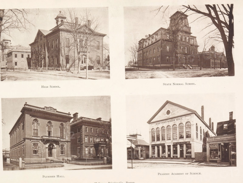 High School. State Normal School. Plummer Hall. Peabody Academy of Science, View of four schools in Salem, page, photomechanical print, Salem (Massachusetts), maker: Heliotype Printing Company, Boston (Massachusetts), 1879-04, photographer, North America, Massachusetts, paper, photoaquatint, height 165 mm x width 241 mm, Prints facing page 102., secondary education, university building, college, A sepia-toned page shows four photographic images of different large brick buildings arranged in a two-by-two grid, each image framed by white margins. In the upper left image a two-story brick building with a pitched roof and a small cupola sits behind a low iron fence, leafless trees stand in front and neighboring structures are visible to the left. The upper right image shows a taller multi-story brick building with a mansard roof and a central entrance with steps, a large tree trunk and branches frame the right edge, and additional buildings recede in the background. The lower left image de...