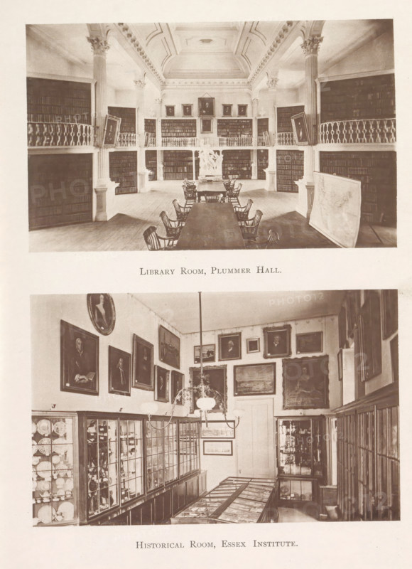 Library Room, Plummer Hall. Historical Room, Essex Institute, Interior of the library and a study room in Plummer Hall in Salem, page, photomechanical print, Salem (Massachusetts), maker: Heliotype Printing Company, Boston (Massachusetts), 1879-04, photographer, North America, Massachusetts, paper, photoaquatint, height 241 mm x width 165 mm, Prints opposite page 112., study, 'studiolo', library, secondary education, The image shows two sepia-toned interior photographs stacked vertically on a single page, each depicting a room with high ceilings and wall displays; the upper photograph features a spacious library room with tall columns, two tiers of book-lined balconies with decorative railings, portrait paintings hung above the shelves, a long central table with wooden chairs arranged along it, and a sculptural group positioned at the far wall; the lower photograph shows a historical room with glass-fronted display cabinets lining the left side, framed paintings covering the upper wall...