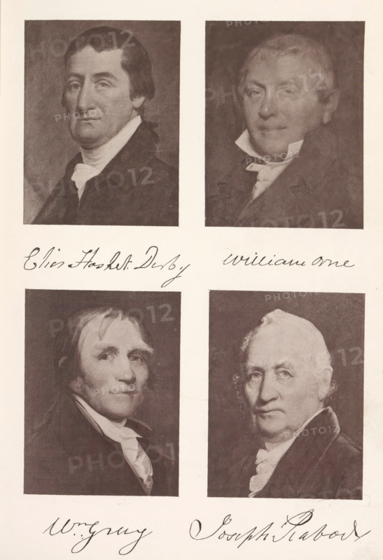 Elias Hasket Derby William Orne W Gray Joseph Peabody, Photo reproductions of a portrait of Elias Hasket Derby, William Gray, William Orne and Joseph Peabody, reproduction, page, photomechanical print, maker: Heliotype Printing Company, Boston (Massachusetts), after painting by James Frothingham, after painting by anonymous, after painting by Charles S. Osgood, c. 1869 - in or before 1879, photographer, North America, Massachusetts, paper, photoaquatint, height 241 mm x width 165 mm, Prints opposite page 130., Person, Elias Hasket Derby, William Orne, Joseph Peabody, merchant, salesman, Four rectangular portrait panels arranged in two columns and two rows, each showing a head-and-shoulders depiction of a man in period clothing against a dark background, all images rendered in a muted monochrome tone. The top left portrait shows a man with dark hair combed back, a high white collar, and a dark coat, looking slightly to his right. The top right portrait shows a man with lighter hair, a r...