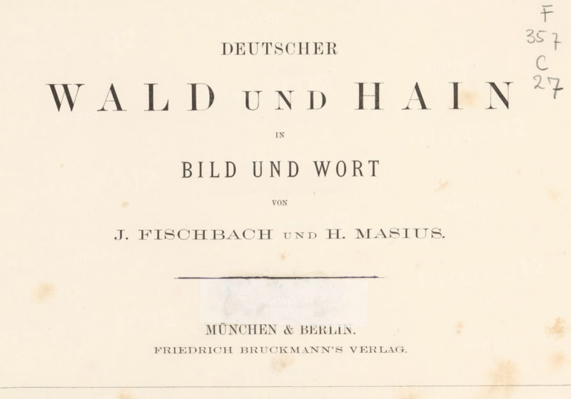 Deutscher Wald und Hain in Wort und Bild, book, painter: Johann Fischbach, writer (clerical worker): Hermann Masius, publisher: Friedrich Bruckmann's Verlag, Munich, c. 1879, Johann Fischbach, Hermann Masius, Friedrich Bruckmann's Verlag, writer (clerical worker), Bavaria, textile materials, pasteboard, paper, linen (material), albumen print, color on cut, height 207 mm x width 290 mm x thickness 35 mm, A cream-colored page with large centered black printed lettering and smaller lines of black type arranged vertically, a thin horizontal black line above a pale rectangular patch, faint smudges and brownish spots scattered across the paper, and a column of handwritten pencil marks along the right edge.