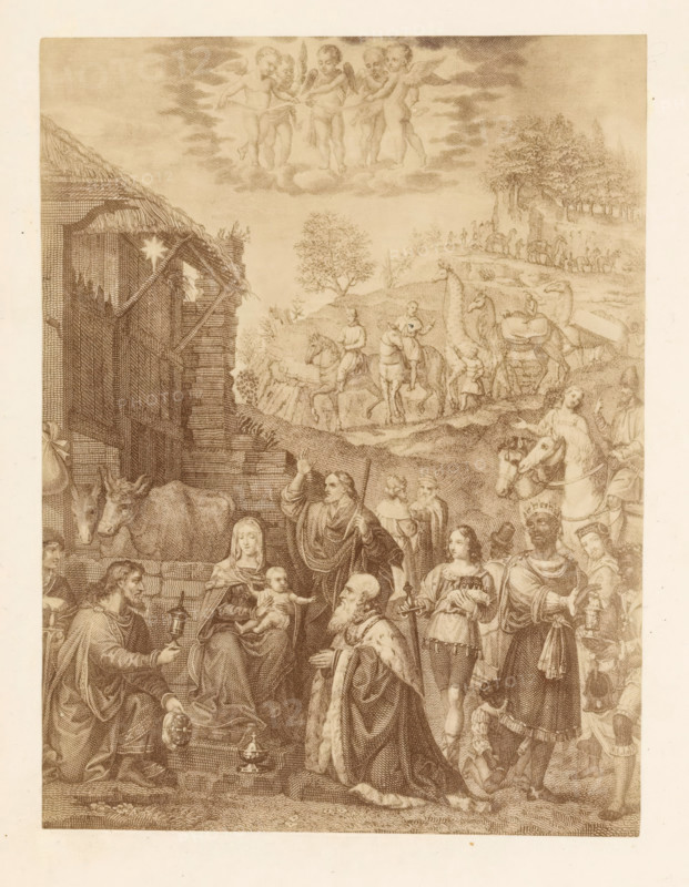 Photo reproduction of a print depicting the Adoration of the Magi, photograph, reproduction, page, after print by anonymous, c. 1863 - in or before 1868, photographer, after print by, paper, albumen print, albumendruk, height 132 mm x width 101 mm, adoration of the kings: the Wise Men present their gifts to the Christ-child (gold, frankincense and myrrh), A sepia-toned engraving depicting a nativity scene with a thatched stable at the left, animals visible near the entrance, and a woman seated holding an infant while a kneeling man presents a gift; surrounding them are robed and armored figures in various poses, some holding objects, one wearing a fur-lined cloak and another on horseback with a horse’s head visible; in the upper area cherubic figures hover on a cloud, and in the distant background riders on horses and camels travel along a hilly landscape with trees and a winding path.
