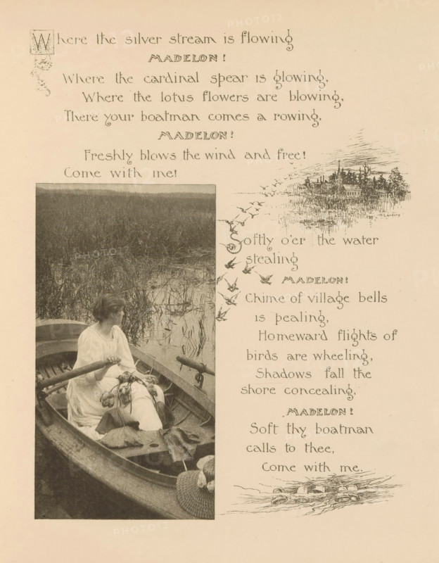Woman in a rowing boat, page, photomechanical print, photographer: Mary Bartlett, United States of America, cliché maker: anonymous, c. 1884 - in or before 1894, North America, paper, photoaquatint, height 137 mm x width 74 mm, rowing-boat, canoe, adolescent, young woman, maiden, A sepia-toned page shows a tall narrow photograph on the left of a woman seated in a rowboat holding an oar with reeds and water behind her, and a column of ornamental handwritten verses and small ink illustrations to the right including flying birds, a small village skyline, and a small sketch of a boat on water, with decorative flourishes and a large decorative initial near the top.