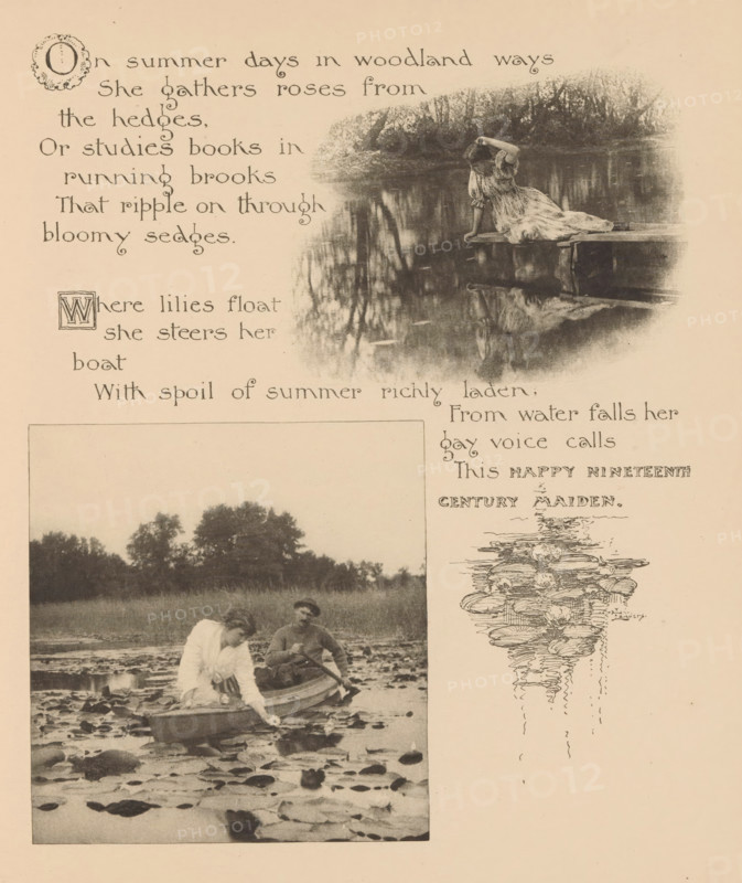 Woman on a pier looking into the water and a man and a woman in a canoe where the woman is picking a water lily, page, photomechanical print, photographer: Mary Bartlett, United States of America, cliché maker: anonymous, c. 1884 - in or before 1894, North America, paper, photoaquatint, height 248 mm x width 215 mm, rowing-boat, canoe, adolescent, young woman, maiden, pier, quay, wharf, flowers: water-lily, A sepia-toned page shows an oval photograph near the top right of a woman reclining on a wooden platform over calm water with trees and vegetation reflected in the surface; below and to the left is a rectangular photograph of a small boat in shallow water with lily pads, showing a woman leaning forward at the boat's edge and a man seated behind her holding an oar, with a treeline in the background; to the right of the lower photograph is a vertical ink illustration of clustered lily pads and reflections extending downward; decorative hand-drawn calligraphic lettering and ornamental ...