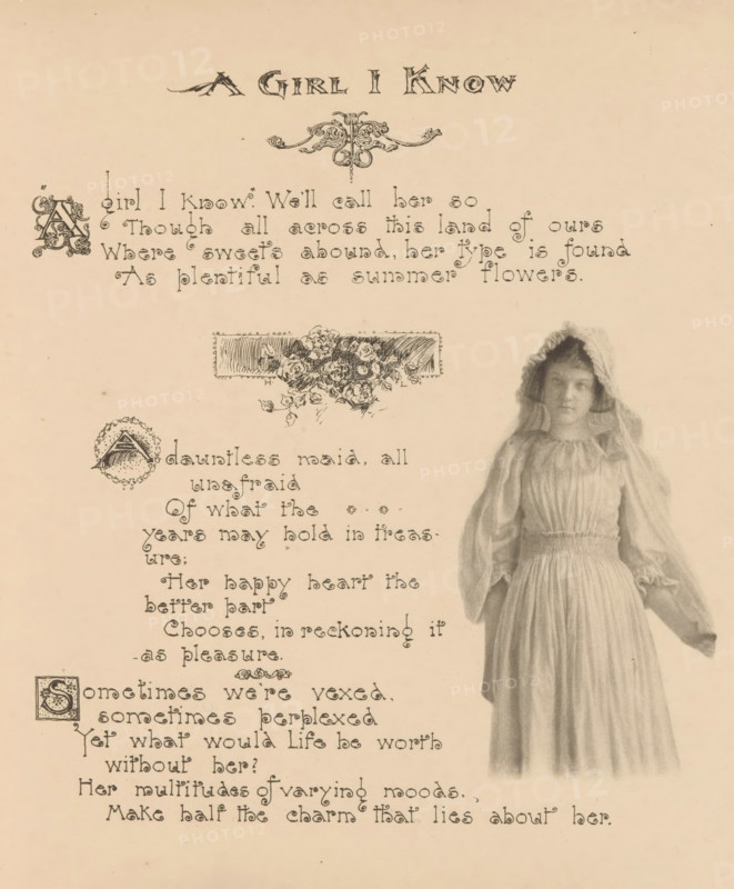 Portrait of an unknown girl in a white dress and with a white bonnet, page, photomechanical print, photographer: Mary Bartlett, United States of America, clichémaker: anonymous, c. 1884 - in or before 1894, North America, paper, photoaquatint, height 120 mm x width 70 mm, adolescent, young woman, maiden, dress, gown, A faded page with ornate printed lettering across the top and lines of decorative text down the left side, embellished with small floral and ornamental drawings, and a sketched rectangular floral vignette near the center; on the right side a grayscale illustration of a young girl wearing a long, gathered dress and a ruffled bonnet, standing with one arm slightly extended and a neutral facial expression.