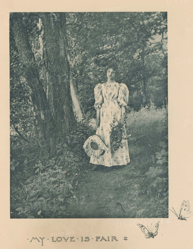 Woman in a forest with branches and a hat in her hands, page, photomechanical print, inscription: 'My Love is Fair', photographer: Mary Bartlett, United States of America, cliché maker: anonymous, c. 1884 - in or before 1894, North America, paper, photoaquatint, height 161 mm x width 123 mm, head-gear: hat, adolescent, young woman, maiden, forest, wood