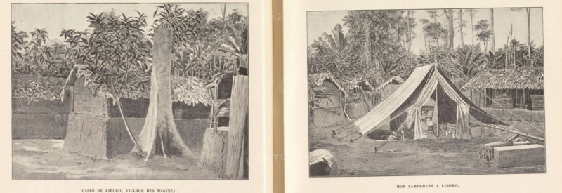 Mon campement a Liboko, Photo reproduction of a drawing depicting a tent in Liboko, reproduction, page, photomechanical print, cliché maker: Stengel & Markert, Dresden, after drawing by L. Hille, Congo (country), in or after 1896 - in or before 1899, photographer, Saxony, paper, autotypie, height 86 mm x width 119 mm, tent, A two-page spread shows two black-and-white illustrations framed on a light background separated by a vertical gap; the left illustration depicts a natural scene with a large tree trunk in the foreground, leafy plants and smaller trees behind it, and a partial view of a structure with a thatched roof and textured walls, while the ground in front appears uneven and shaded; the right illustration shows a pitched canvas tent with its entrance open, ropes anchoring it to the ground, various small objects and a chair visible inside the tent, a rectangular box or chest on the ground nearby, and dense vegetation and simple thatched structures in the background.