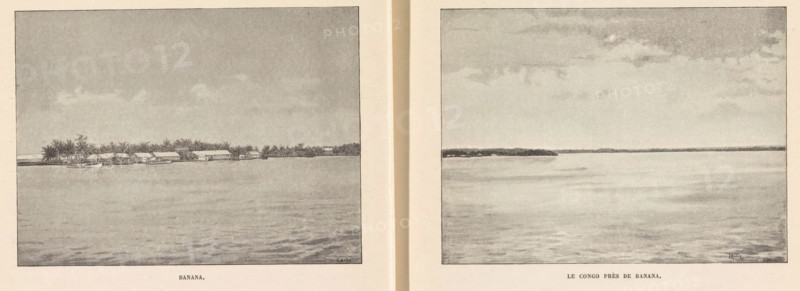Le Congo près de Banana, Photo reproduction of a drawing depicting a view of the Congo River near Banana, reproduction, page, photomechanical print, cliché maker: Stengel & Markert, Dresden, after drawing by L. Hille, Congo (land), in or after 1896 - in or before 1899, photographer, Saxony, paper, autotypie, height 89 mm x width 120 mm, river, A pair of grayscale rectangular images set side by side on a light background, each showing a wide expanse of water in the foreground and a distant shoreline near the middle; the left image shows a low line of buildings and palm trees along the shore with a small boat moored near them and a mostly clear sky above, while the right image shows a thin strip of land with low vegetation along the horizon and an open, textured sky with scattered clouds above the calm water.