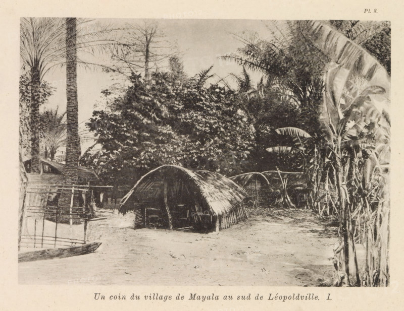 Wooden house in Mayala, Un coin du village de Mayala au sud de Léopoldsville, page, photomechanical print, number: 'Pl. 8.', photographer: Franz Thonner, Mayala, cliché maker: Stengel & Markert, Dresden, 1896, Saxony, paper, collotype, light printing, height 110 mm x width 160 mm, housing, facade (of house or building), A sepia-toned scene shows a clearing with several small, curved-roof huts made of woven materials and thatched coverings, clustered near the center and slightly to the right. Tall, slender palm trees rise in the background, their fronds spreading out overhead, while dense foliage and leafy plants form a backdrop behind the huts. On the right edge, large broad-leaved plants with long stalks are visible. In the foreground, a sandy or bare ground extends toward the viewer, and simple woven fences and a narrow dugout canoe appear along the left side. The overall image has a grainy, aged photographic texture.