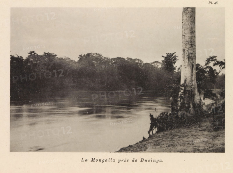 View of the Mongala near Businga, La Mongalla près de Businga, page, photomechanical print, number: 'Pl. 48.', photographer: Franz Thonner, Congo (country), cliché maker: Stengel & Markert, Dresden, 1896, Saxony, paper, collotype, photoprint, height 109 mm x width 162 mm, river, Mongala, A wide view of a calm river bordered by dense, dark treeline on the opposite bank and a sandy, vegetated shoreline in the foreground, with a tall pale tree trunk rising near the right edge and reflected ripples visible on the water surface.