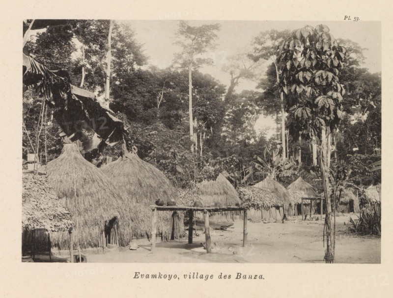 Houses in Evamkoyo, Evamkoyo, village des Banza, page, photomechanical print, number: 'Pl. 53.', photographer: Franz Thonner, Congo (country), cliché maker: Stengel & Markert, Dresden, 1896, Saxony, paper, collotype, light printing, height 110 mm x width 161 mm, housing, façade (of house or building), A sepia-toned scene shows a cluster of thatched huts with conical roofs made of straw, arranged on bare ground beneath tall trees with dense foliage. In the foreground there is a wooden rack on stilts with several rounded objects placed on top, and a narrow clearing between the huts. Large leafy plants and tall slender tree trunks rise behind and among the huts, and broad leaves hang from a torn canopy on the left edge of the image. The overall setting appears shaded by the surrounding trees and vegetation.