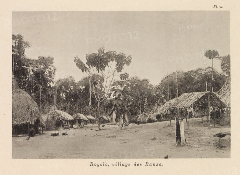 Bogolo, village des Banza, Houses in Bogolo, page, photomechanical print, number: 'Pl. 57.', photographer: Franz Thonner, Congo (country), cliché maker: Stengel & Markert, Dresden, 1896, Saxony, paper, collotype, light printing, height 110 mm x width 161 mm, housing, façade (of house or building), A grayscale photograph showing a clearing with several thatched huts and open-sided shelters made of wood and palm thatch, scattered on bare ground. In the foreground there is a tall tree stump and a young tree with a slender trunk and a canopy of broad leaves. Small piles of thatch or vegetation are arranged near some huts. In the midground are clustered round huts with conical thatched roofs and an elevated rectangular shelter with a slatted thatch roof supported by wooden posts. Trees and dense forest form a backdrop along the horizon, with one taller, slender tree standing above the canopy. The sky above the treeline appears blank and light in tone.