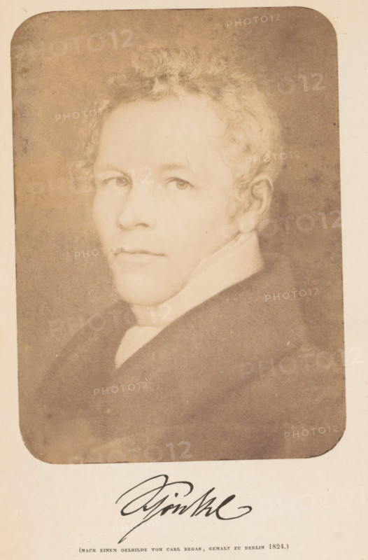 Photo reproduction of a painting depicting a portrait of Carl Friedrich Schinkel, Carl Friedrich Schinkel, photograph, reproduction, page, after painting by Karl Begas (I), c. 1858 - in or before 1863, photographer, paper, salted paper print, height 124 mm x width 90 mm, Photo for page 183., Person, Karl Friedrich Schinkel, portrait, self-portrait of architect, A faded sepia portrait of a man shown from the shoulders up in a rounded-rectangle frame, facing slightly to the viewer's left with a neutral expression, short wavy hair, light skin tone, and visible ear; he wears a high-collared garment and dark outer clothing, and the background inside the frame is a mottled darker tone while the surrounding border is lighter.